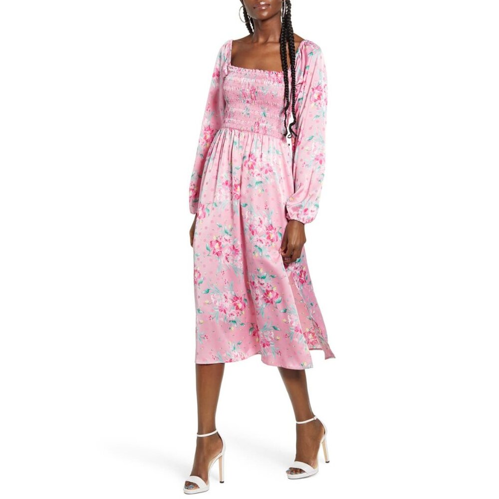 NWT WAYF Womens Size Medium or Large Satin Long Sleeve Smocked Midi Dress NEW